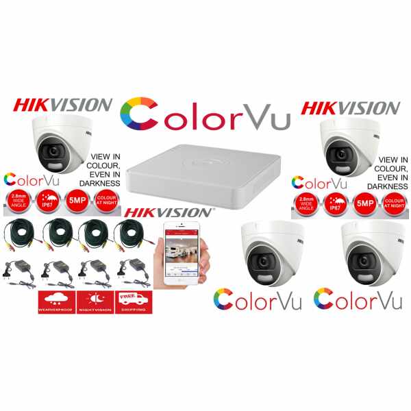 Sistem supraveghere profesional Hikvision Color Vu 4 camere 5MP IR20m, DVR 4 canale, full accesorii
