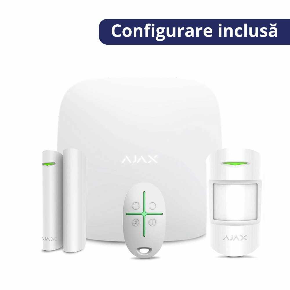 Sistem de alarma wireless Ajax Starter kit WH, 868/915 MHz, 2000 m, pet immunity si serviciu de configurare